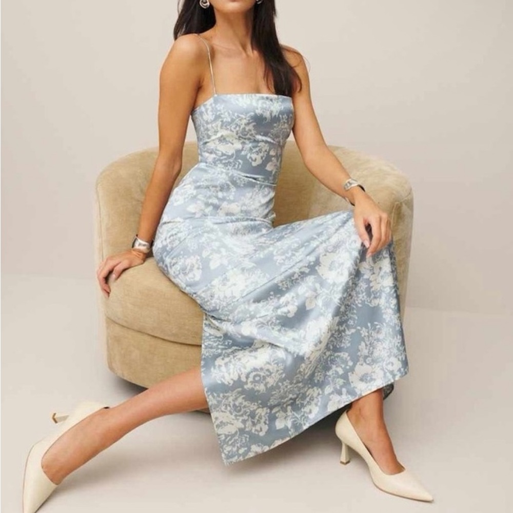 Reformation Frankie Silk Blue Floral Women's Dress - Picture 3 of 5